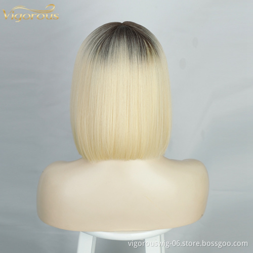 Vigorous Women Heat Resistant Blonde Ombre Straight Short Bob Wigs With Lace Front High Temperature Fiber Synthetic Wigs